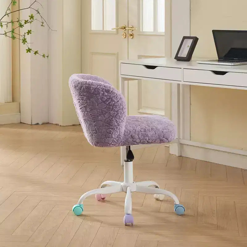 Sedia Girevole da Scrivania in Ecopelliccia per Ragazzi e Adulti, Altezza Regolabile, Avorio/Rosa/Viola, 1 Posto