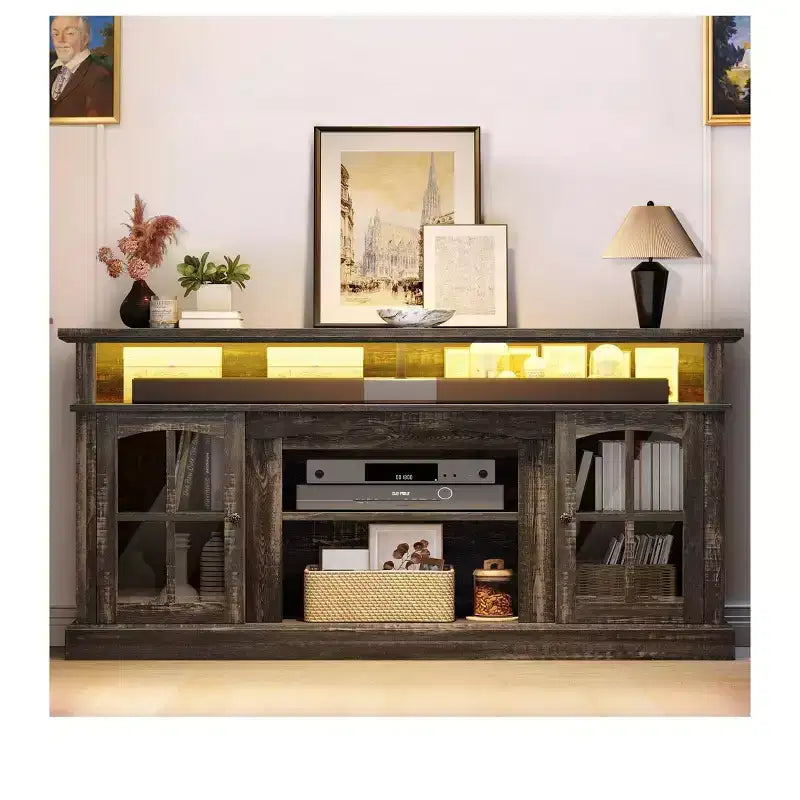 Mobile TV da fattoria rustico in rovere scuro con luci a LED e ante in vetro per TV fino a 70"