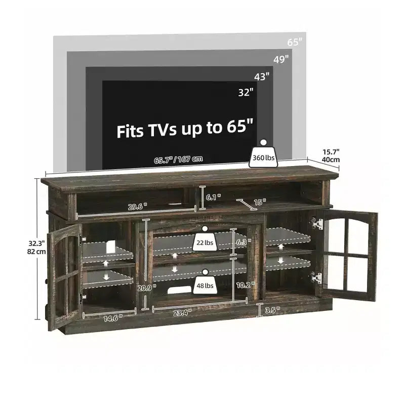 Mobile TV da fattoria rustico in rovere scuro con luci a LED e ante in vetro per TV fino a 70"