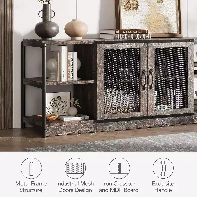 Mobile TV Rustico per TV fino a 75" | Marrone / Rovere Scuro / Grigio | Assemblaggio da 1 Persona | Mobile TV da 63"L con Ante in Rete