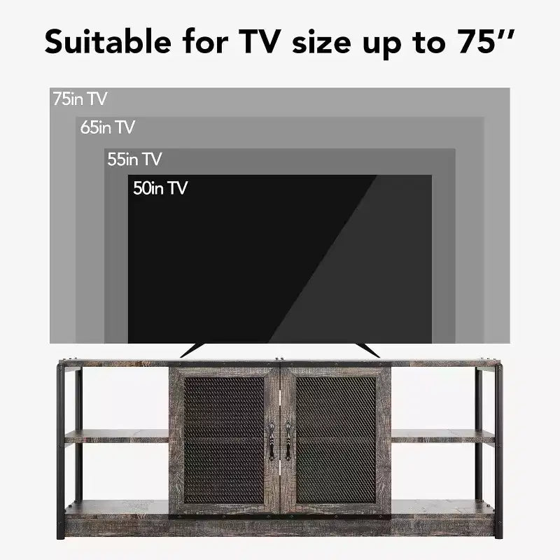 Mobile TV Rustico per TV fino a 75" | Marrone / Rovere Scuro / Grigio | Assemblaggio da 1 Persona | Mobile TV da 63"L con Ante in Rete