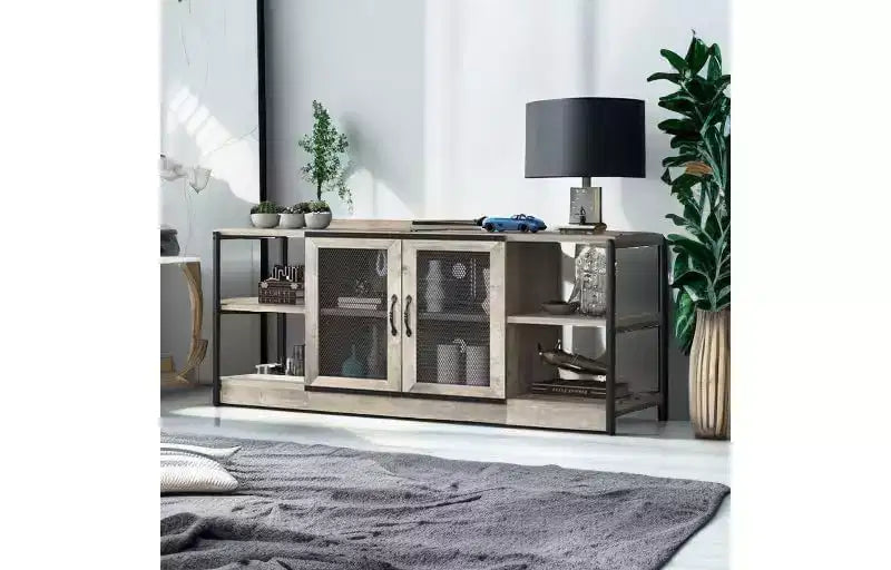 Mobile TV Rustico per TV fino a 75" | Marrone / Rovere Scuro / Grigio | Assemblaggio da 1 Persona | Mobile TV da 63"L con Ante in Rete