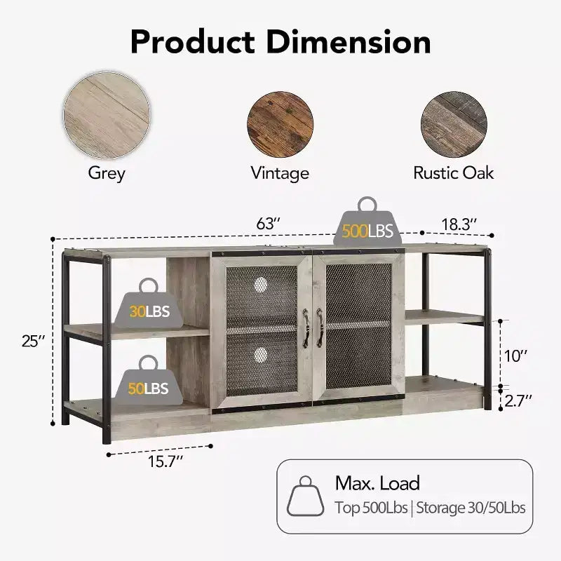 Mobile TV Rustico per TV fino a 75" | Marrone / Rovere Scuro / Grigio | Assemblaggio da 1 Persona | Mobile TV da 63"L con Ante in Rete