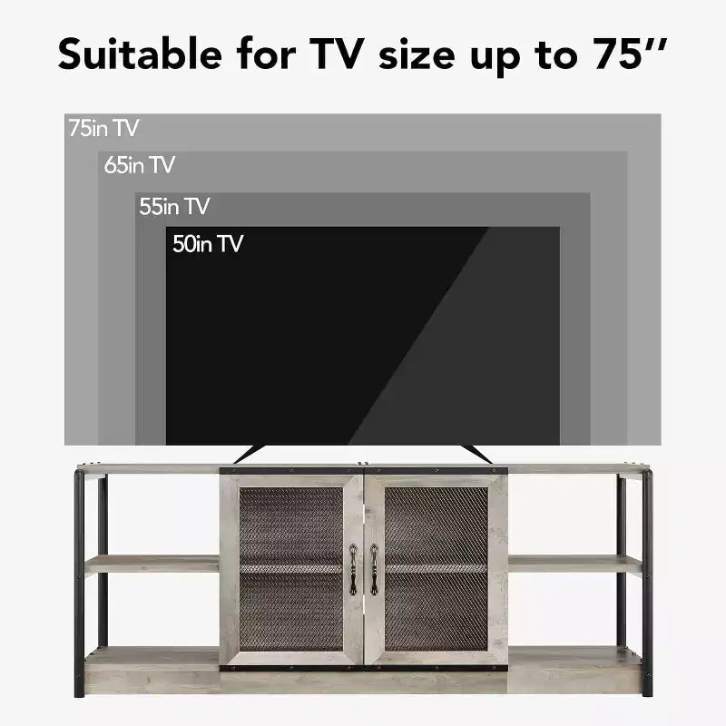 Mobile TV Rustico per TV fino a 75" | Marrone / Rovere Scuro / Grigio | Assemblaggio da 1 Persona | Mobile TV da 63"L con Ante in Rete