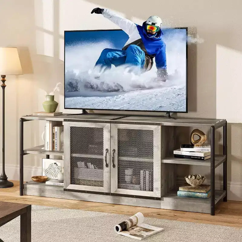 Mobile TV Rustico per TV fino a 75" | Marrone / Rovere Scuro / Grigio | Assemblaggio da 1 Persona | Mobile TV da 63"L con Ante in Rete