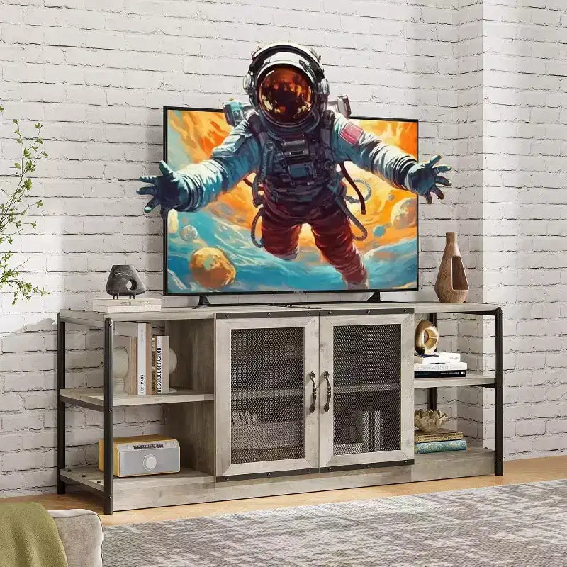 Mobile TV Rustico per TV fino a 75" | Marrone / Rovere Scuro / Grigio | Assemblaggio da 1 Persona | Mobile TV da 63"L con Ante in Rete