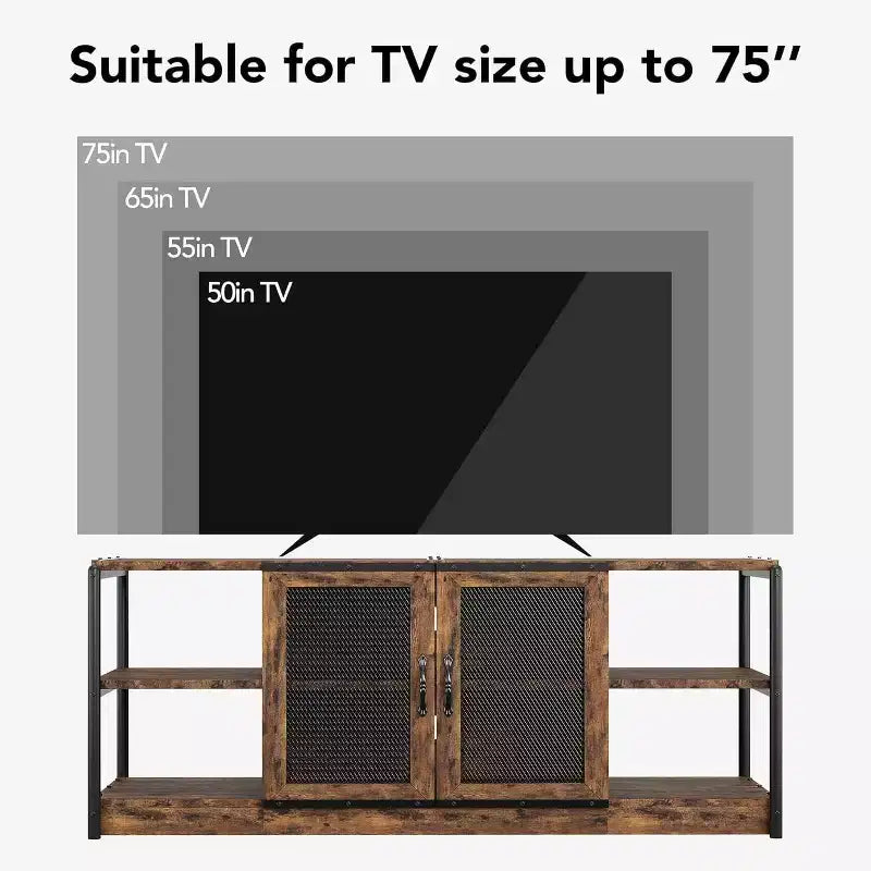 Mobile TV Rustico per TV fino a 75" | Marrone / Rovere Scuro / Grigio | Assemblaggio da 1 Persona | Mobile TV da 63"L con Ante in Rete