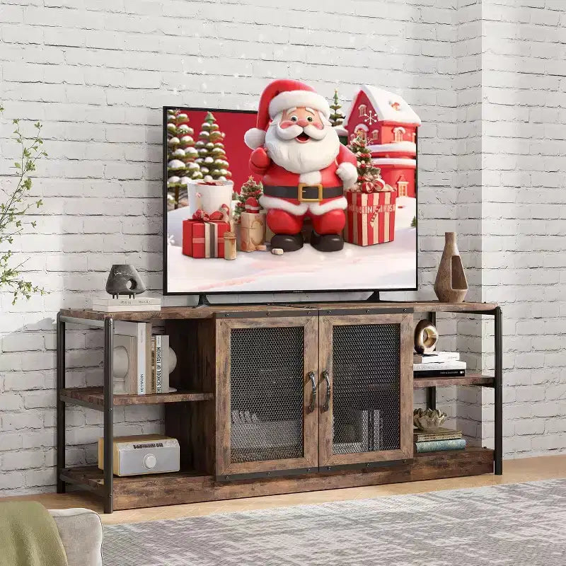 Mobile TV Rustico per TV fino a 75" | Marrone / Rovere Scuro / Grigio | Assemblaggio da 1 Persona | Mobile TV da 63"L con Ante in Rete