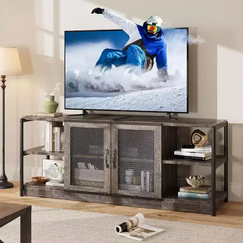 Mobile TV Rustico per TV fino a 75" | Marrone / Rovere Scuro / Grigio | Assemblaggio da 1 Persona | Mobile TV da 63"L con Ante in Rete