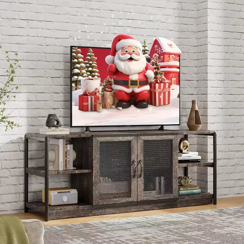 Mobile TV Rustico per TV fino a 75" | Marrone / Rovere Scuro / Grigio | Assemblaggio da 1 Persona | Mobile TV da 63"L con Ante in Rete