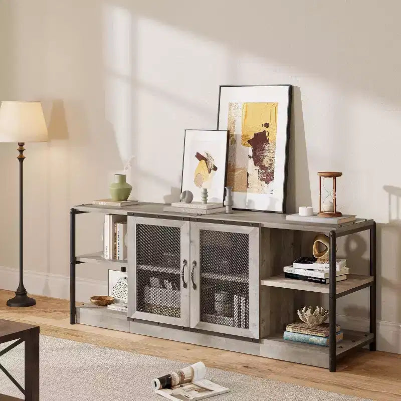 Mobile TV Rustico per TV fino a 75" | Marrone / Rovere Scuro / Grigio | Assemblaggio da 1 Persona | Mobile TV da 63"L con Ante in Rete