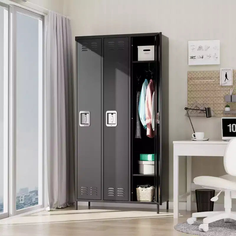 Armadietto spogliatoio a 3 ante in acciaio grigio con serratura, altezza 180 cm, 1 posto
