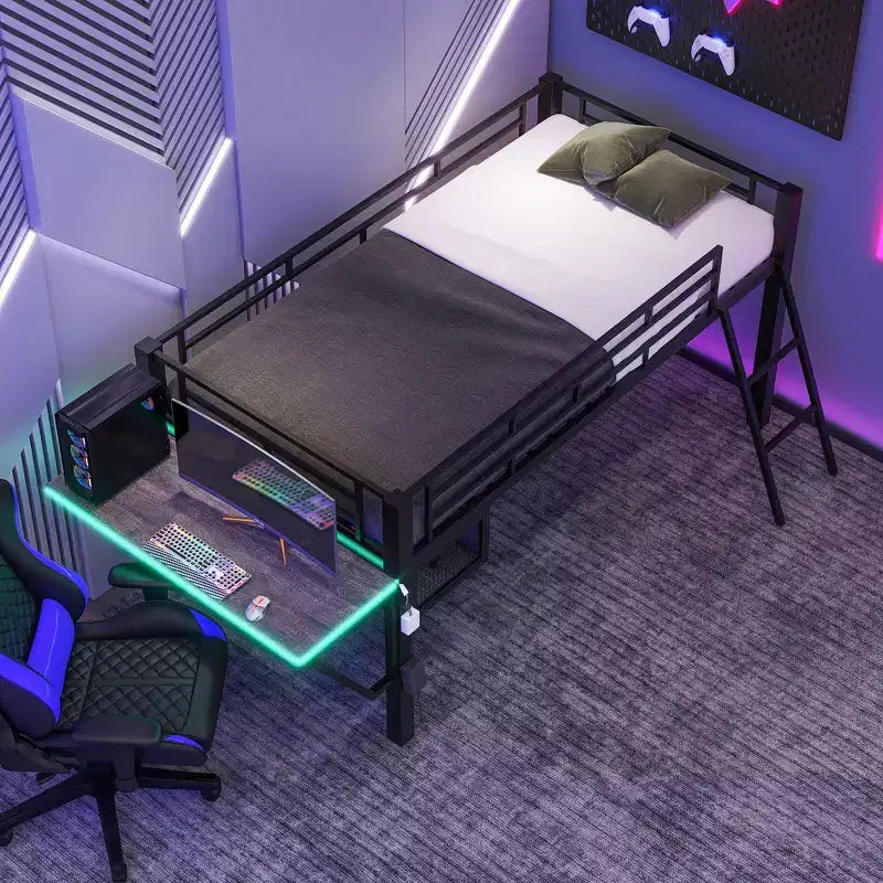 Letto a soppalco Twin Gaming nero con scrivania e luci LED, 1 persona