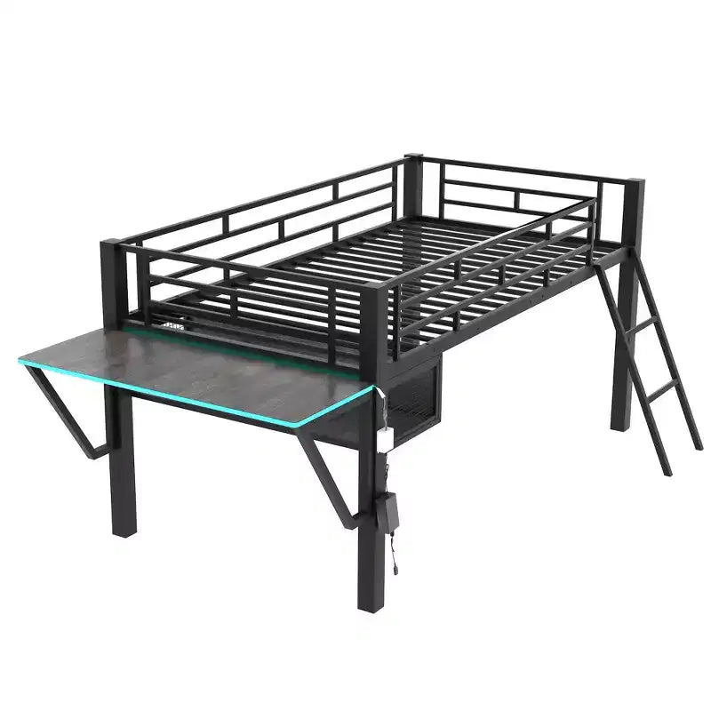 Letto a soppalco Twin Gaming nero con scrivania e luci LED, 1 persona