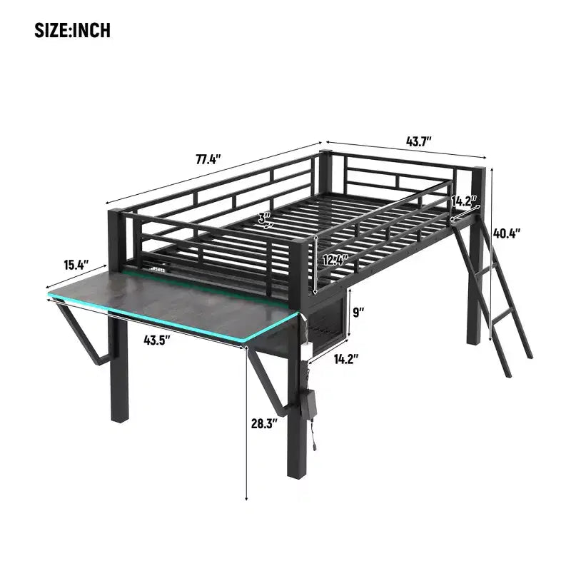 Letto a soppalco Twin Gaming nero con scrivania e luci LED, 1 persona