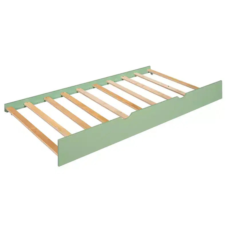 Letto a Castello a Casetta Doppio su Doppio Bianco e Verde con Scivolo e Letto Estraibile, 3 Posti Letto
