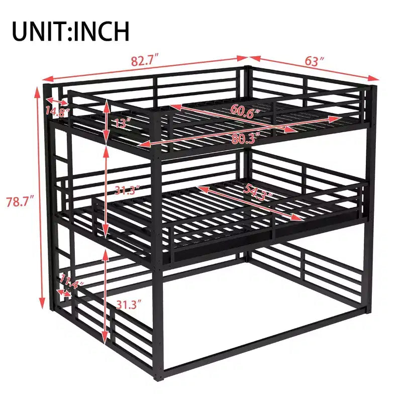 Letto a castello triplo in metallo nero, Queen/Full XL/Queen, 3 posti letto