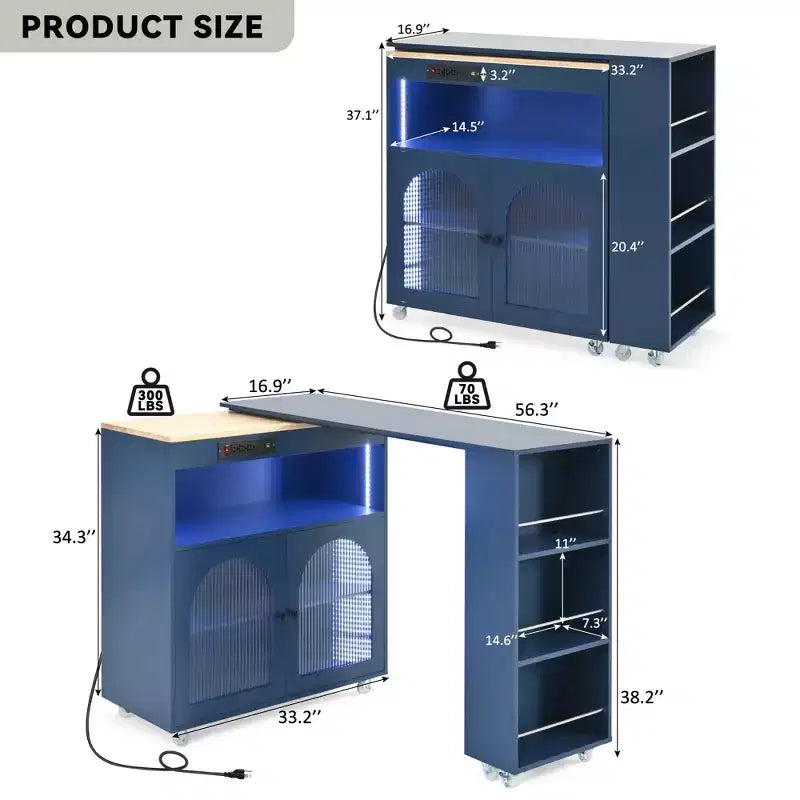 Carrello da cucina con isola estraibile e luci LED – Grigio-blu / Blu navy / Bianco, 1 persona