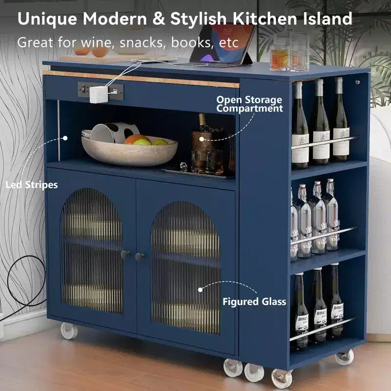 Carrello da cucina con isola estraibile e luci LED – Grigio-blu / Blu navy / Bianco, 1 persona