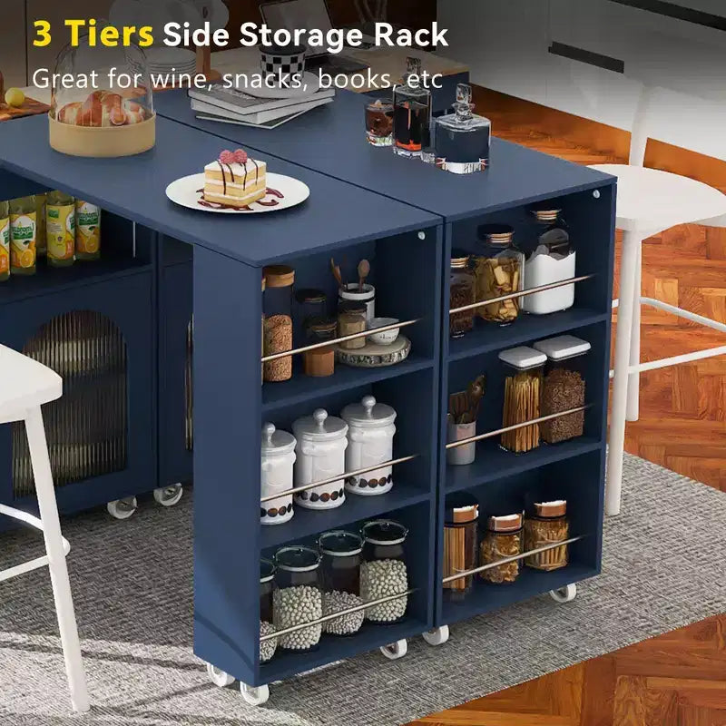 Carrello da cucina con isola estraibile e luci LED – Grigio-blu / Blu navy / Bianco, 1 persona