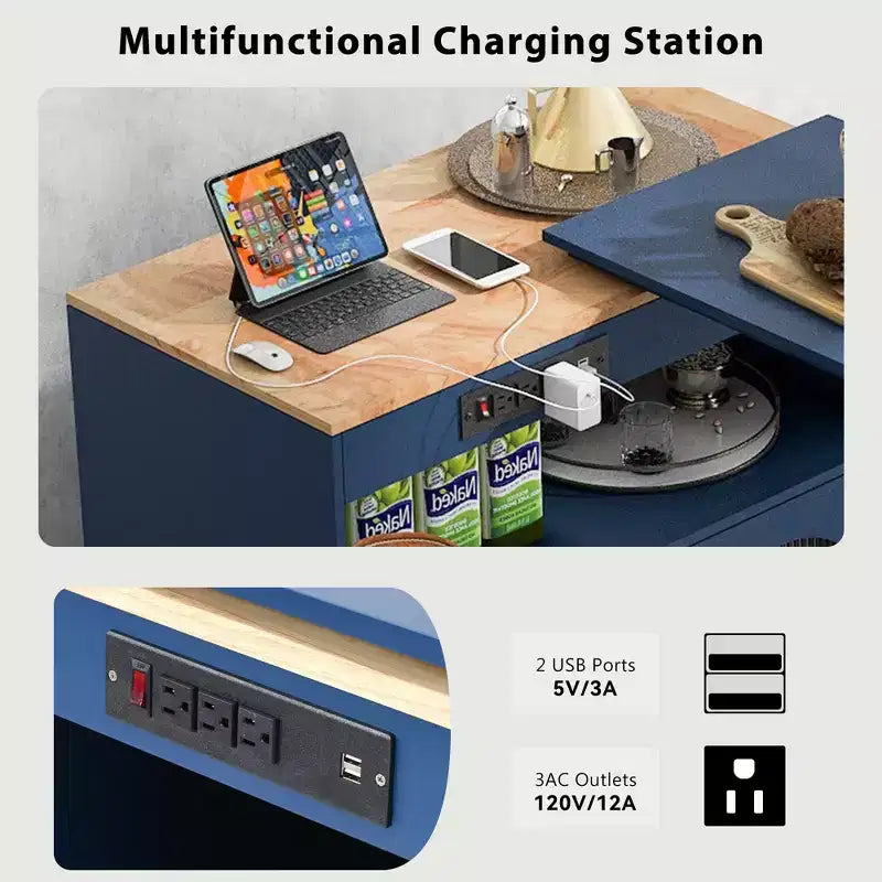 Carrello da cucina con isola estraibile e luci LED – Grigio-blu / Blu navy / Bianco, 1 persona