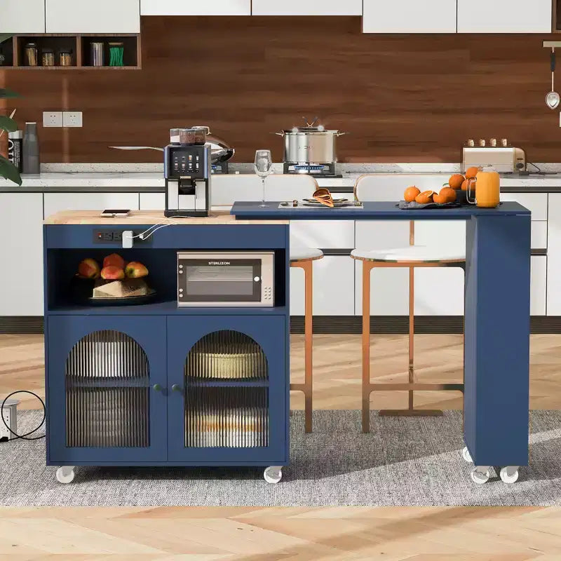 Carrello da cucina con isola estraibile e luci LED – Grigio-blu / Blu navy / Bianco, 1 persona