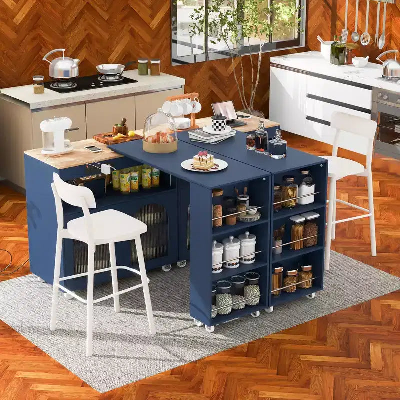 Carrello da cucina con isola estraibile e luci LED – Grigio-blu / Blu navy / Bianco, 1 persona