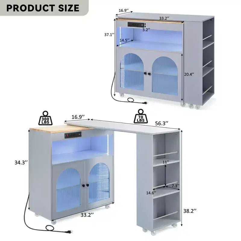 Carrello da cucina con isola estraibile e luci LED – Grigio-blu / Blu navy / Bianco, 1 persona