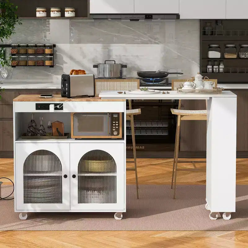 Carrello da cucina con isola estraibile e luci LED – Grigio-blu / Blu navy / Bianco, 1 persona