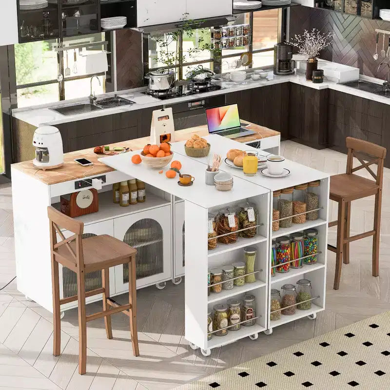 Carrello da cucina con isola estraibile e luci LED – Grigio-blu / Blu navy / Bianco, 1 persona
