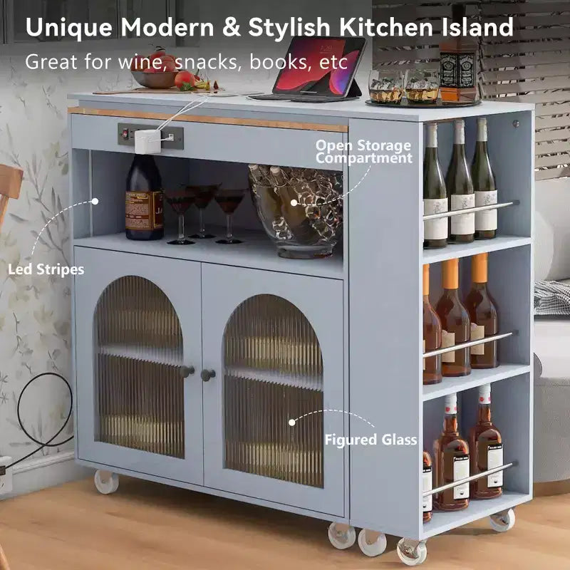 Carrello da cucina con isola estraibile e luci LED – Grigio-blu / Blu navy / Bianco, 1 persona