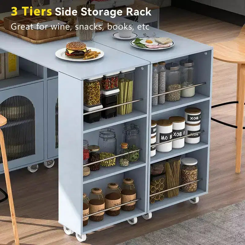 Carrello da cucina con isola estraibile e luci LED – Grigio-blu / Blu navy / Bianco, 1 persona