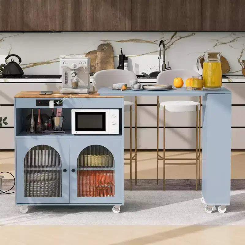 Carrello da cucina con isola estraibile e luci LED – Grigio-blu / Blu navy / Bianco, 1 persona