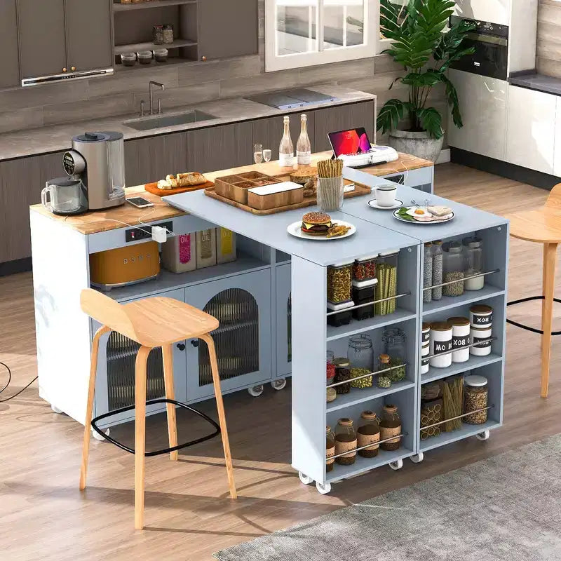 Carrello da cucina con isola estraibile e luci LED – Grigio-blu / Blu navy / Bianco, 1 persona