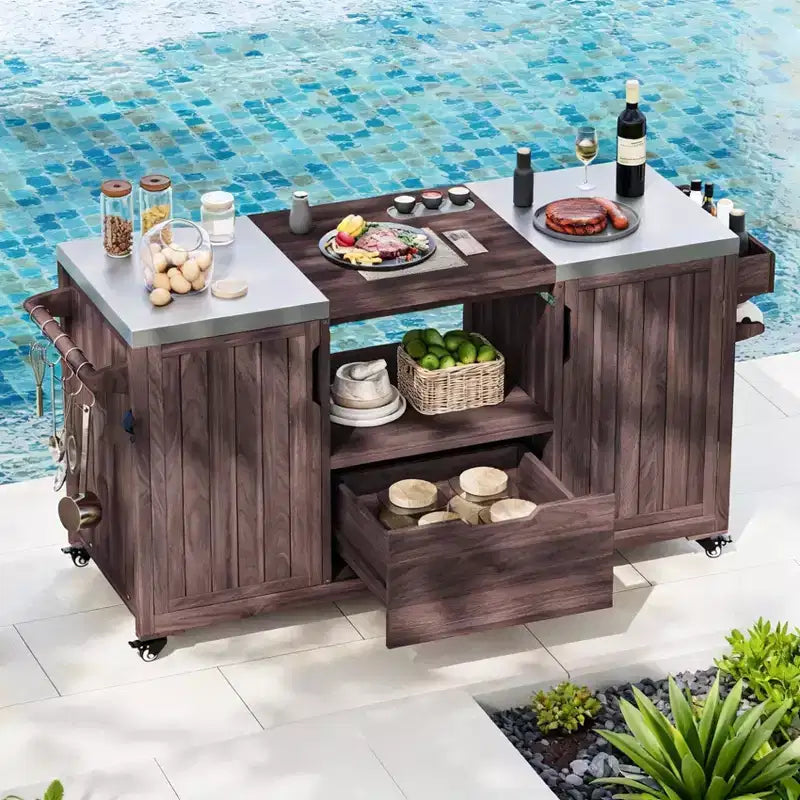 Outdoor Kitchen Island Grill Cart for Big Green Egg & Kamado Joe, Solid Wood Table with Stainless Steel Top, Drawer, Fits Large Grills, Dark Brown