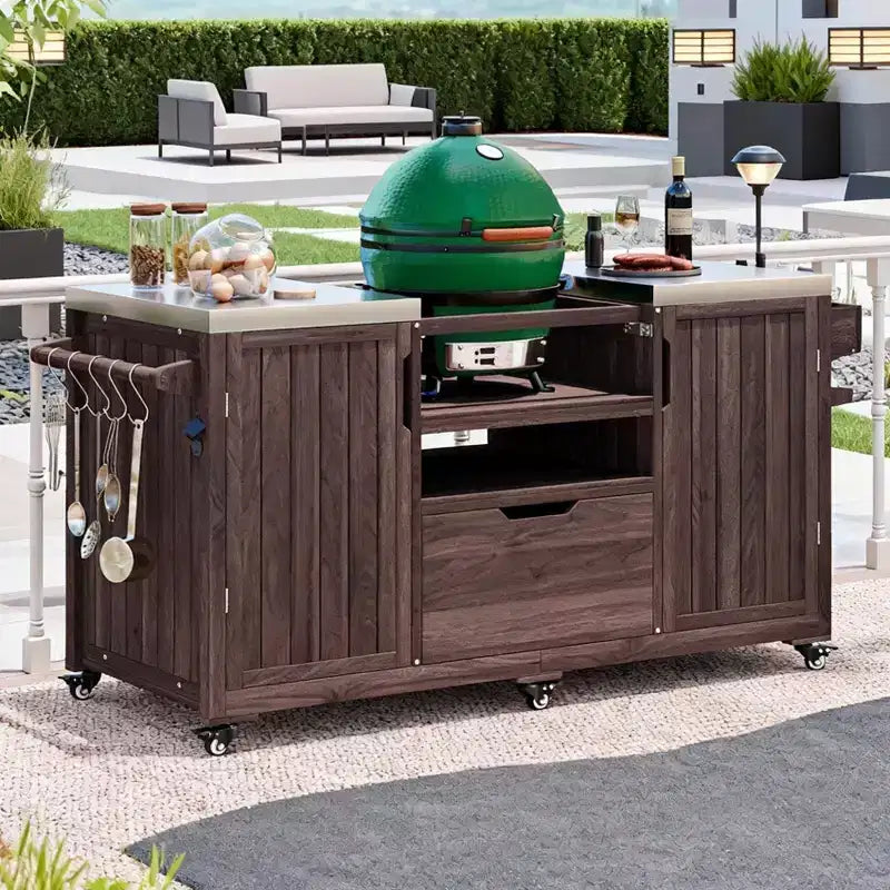 Carrello Barbecue in Legno Naturale a 5 Ante con Piano in Acciaio Inossidabile, Adatto a Barbecue a Uovo da 21-22", Montaggio per 1 Persona
