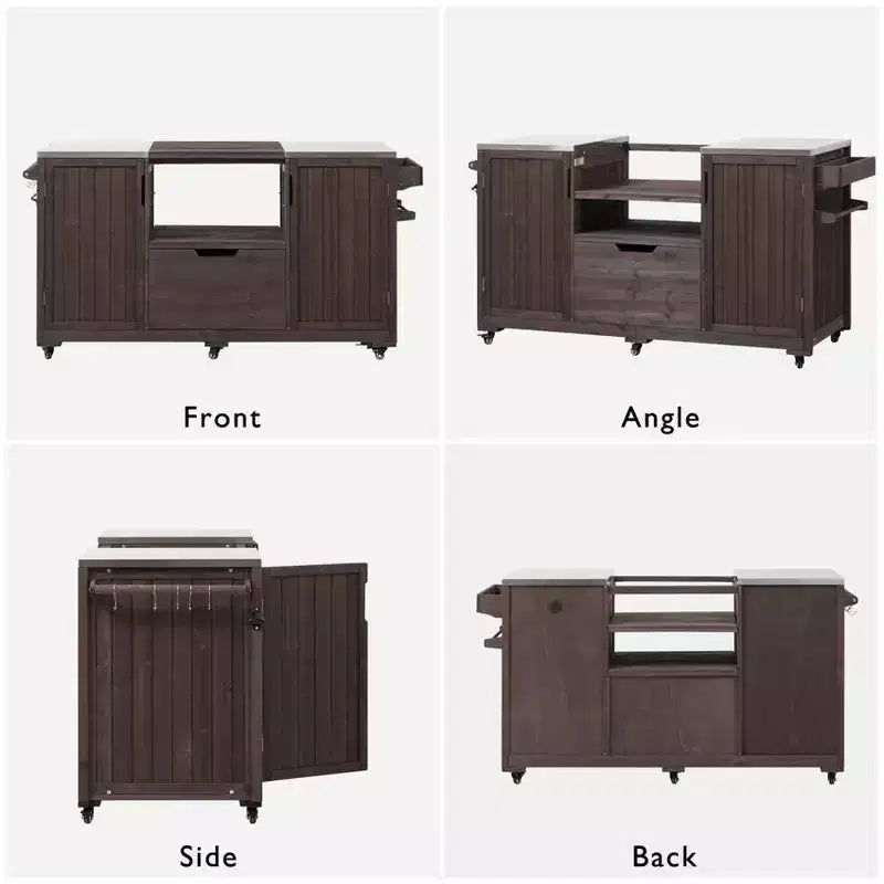 Carrello Barbecue in Legno Naturale a 5 Ante con Piano in Acciaio Inossidabile, Adatto a Barbecue a Uovo da 21-22", Montaggio per 1 Persona