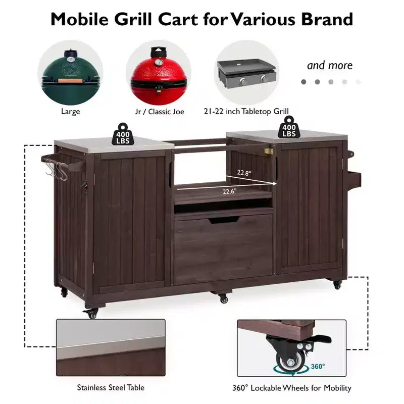 Carrello Barbecue in Legno Naturale a 5 Ante con Piano in Acciaio Inossidabile, Adatto a Barbecue a Uovo da 21-22", Montaggio per 1 Persona