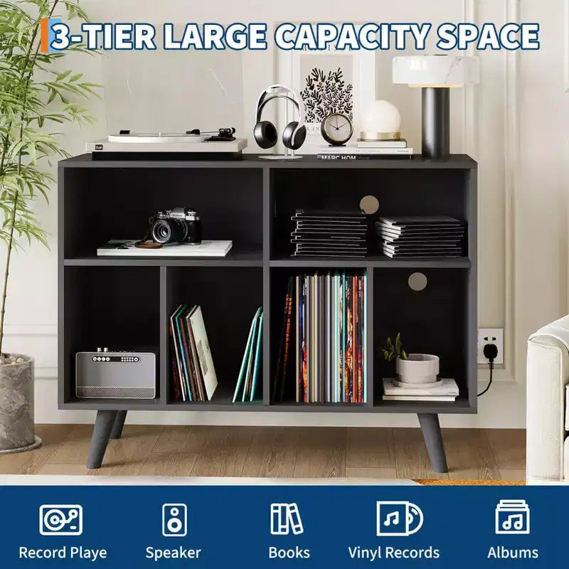 Supporto per giradischi a cubo in legno nero/beige, organizzatore a 7 ripiani, può contenere fino a 350 album