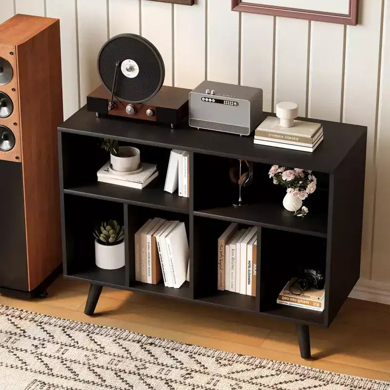 Supporto per giradischi a cubo in legno nero/beige, organizzatore a 7 ripiani, può contenere fino a 350 album
