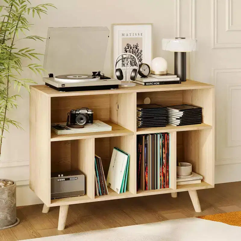 Supporto per giradischi a cubo in legno nero/beige, organizzatore a 7 ripiani, può contenere fino a 350 album