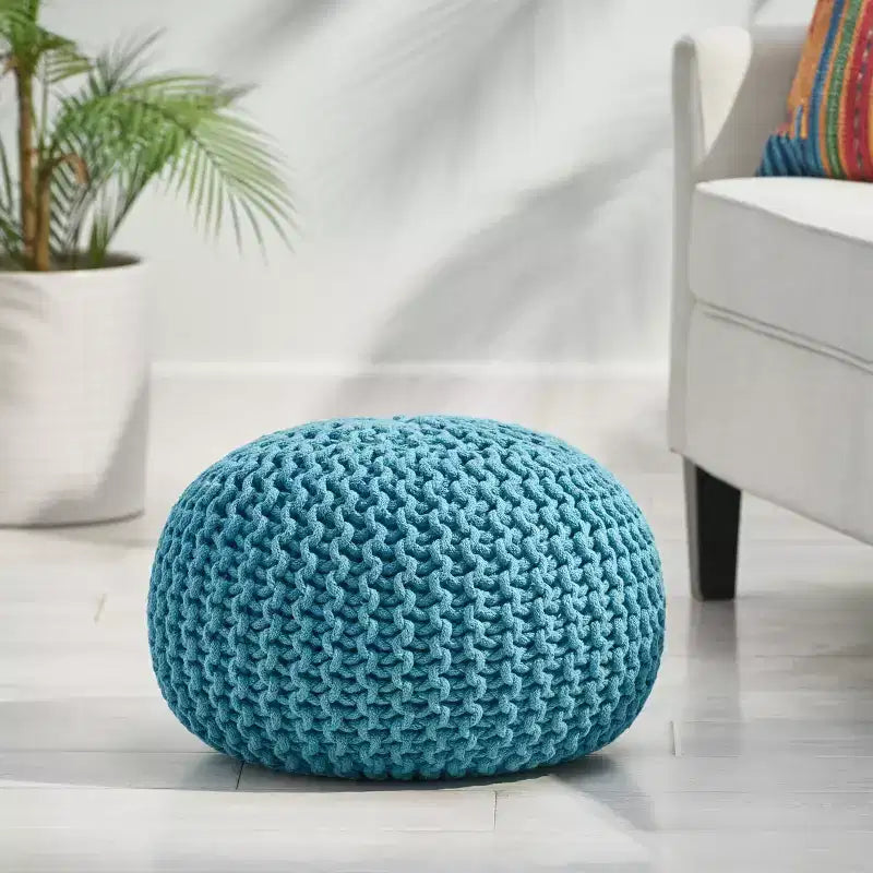 Pouf rotondo Aqua/Corallo in maglia, poggiapiedi in cotone per 1 persona