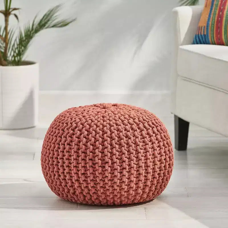 Pouf rotondo Aqua/Corallo in maglia, poggiapiedi in cotone per 1 persona