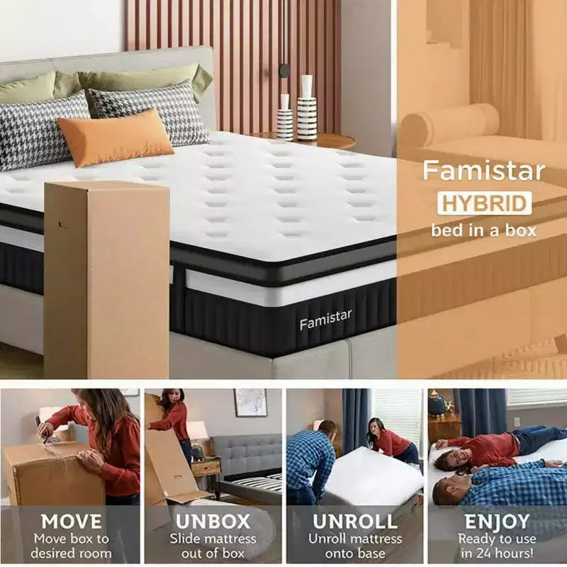 Materasso matrimoniale ibrido in gel espanso bianco e nero King Size per 2 persone, 35 cm, media rigidità