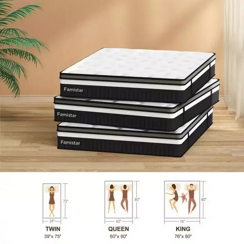 Materasso matrimoniale ibrido in gel espanso bianco e nero King Size per 2 persone, 35 cm, media rigidità