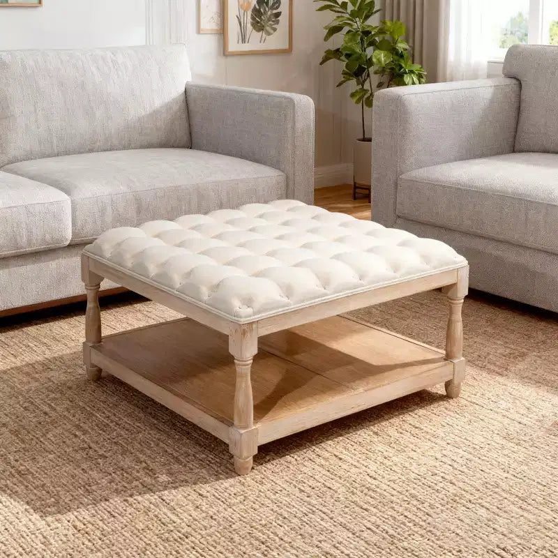 Pouf/Tavolino quadrato in lino trapuntato beige con ripiano contenitore