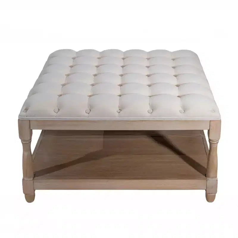 Pouf/Tavolino quadrato in lino trapuntato beige con ripiano contenitore