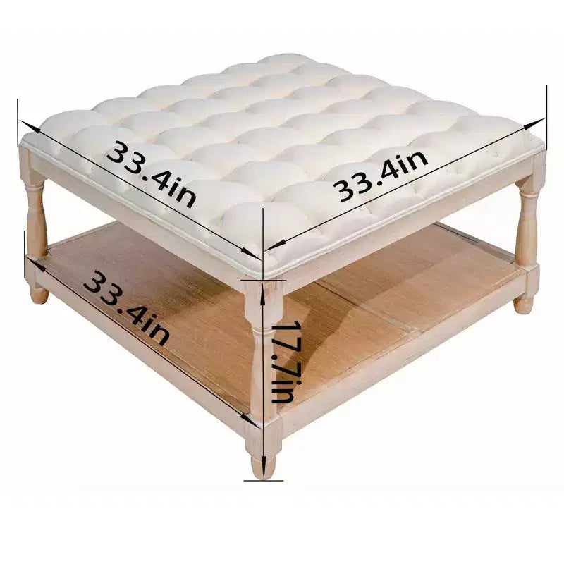 Pouf/Tavolino quadrato in lino trapuntato beige con ripiano contenitore