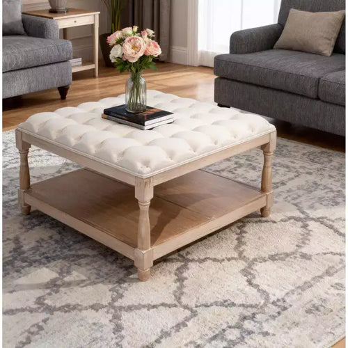 Pouf/Tavolino quadrato in lino trapuntato beige con ripiano contenitore