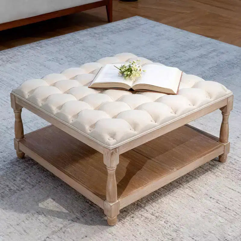 Pouf/Tavolino quadrato in lino trapuntato beige con ripiano contenitore